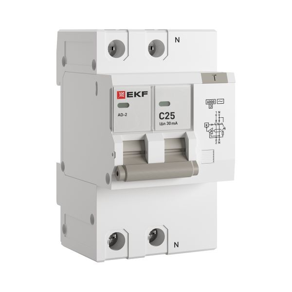 Автоматический выключатель дифференциального тока АД-2 2Р 25А характеристика C 30мА тип АС электронный 6кА PROXIMA EKF