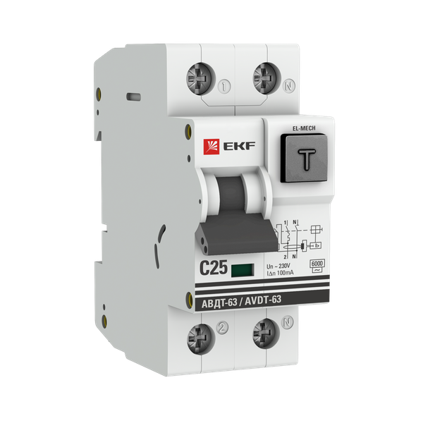 Автоматический выключатель дифференциального тока АВДТ-63 1P+N 25А характеристика C 100мА тип AС электромеханический 6кА EKF PROXIMA