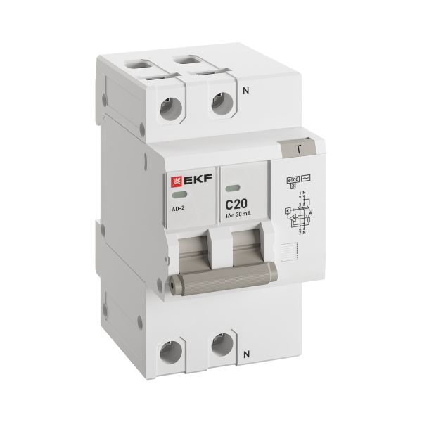 Автоматический выключатель дифференциального тока АД-2 2Р 20А характеристика C 30мА тип АС электронный 6кА PROXIMA EKF