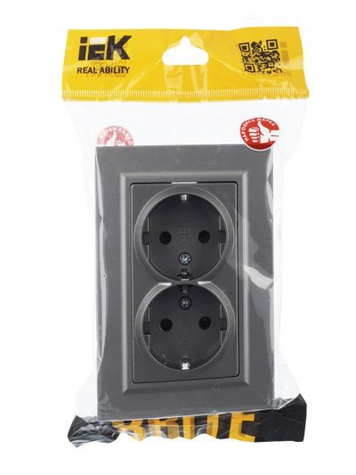 BRITE Розетка 2-местная с заземлением с защитными шторками 16А в сборе РСш12-3-БрС сталь IEK