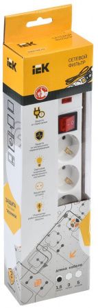 Сетевой фильтр СФ-05К 5 мест с заземлением 1,5м 3х1мм2 16А/250В IEK