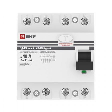 Устройство защитного отключения ВД-100 4P 40А 30мА тип А эл-мех EKF PROxima