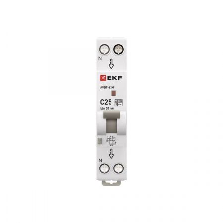 Автоматический выключатель дифференциального тока АВДТ-63М 1P+N 18мм 25А характеристика С 30мА тип AС электронный 6кА PROXIMA EKF