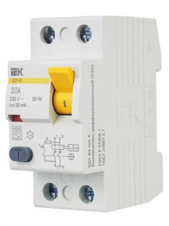 Выключатель дифференциальный (УЗО) ВД1-63 2Р 32А 30мА тип А IEK