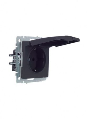 BRITE Розетка 1-местная с заземлением с защитными шторками и крышкой 16А IP44 РСбш10-3-44-БрГ графит IEK